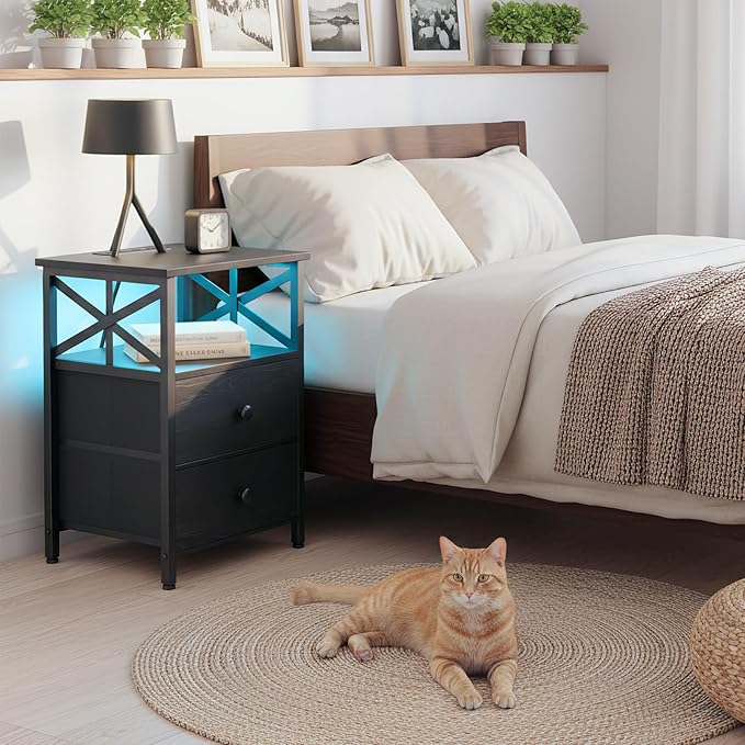 AMHANCIBLE Nightstand with Fast Charging Station, End Table Living Room with USB Charger, Power Outlet, Bed Side Table with Fabric Drawers for Bedroom HET052LBK1