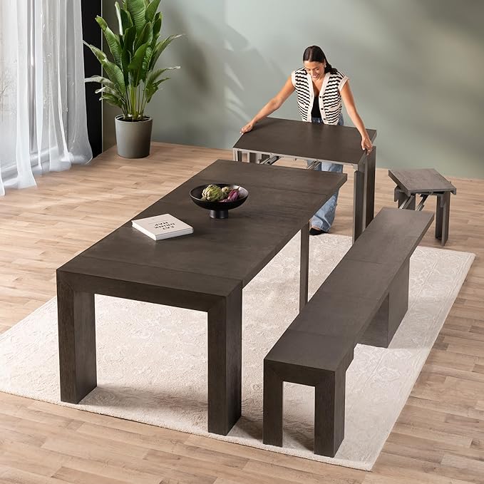 Transformer Table - Solid Wood Extendable Dining Table, Seats 2-12, Extendable Dining Room Table, Space-Saving Furniture, Expandable Dining Furniture (Dark Grey, Table + Bench)