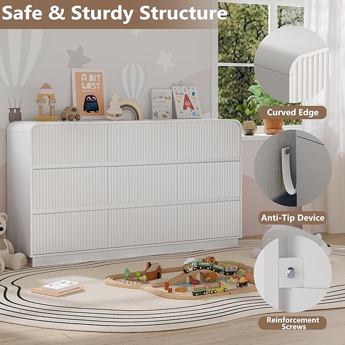 Dresser for Bedroom with 9 Drawers, Fluted Chest of Drawers with Round Curved Corner, Hidden Handles, Modern Wood Storage Organizer for Bedroom, Nursery, Living Room