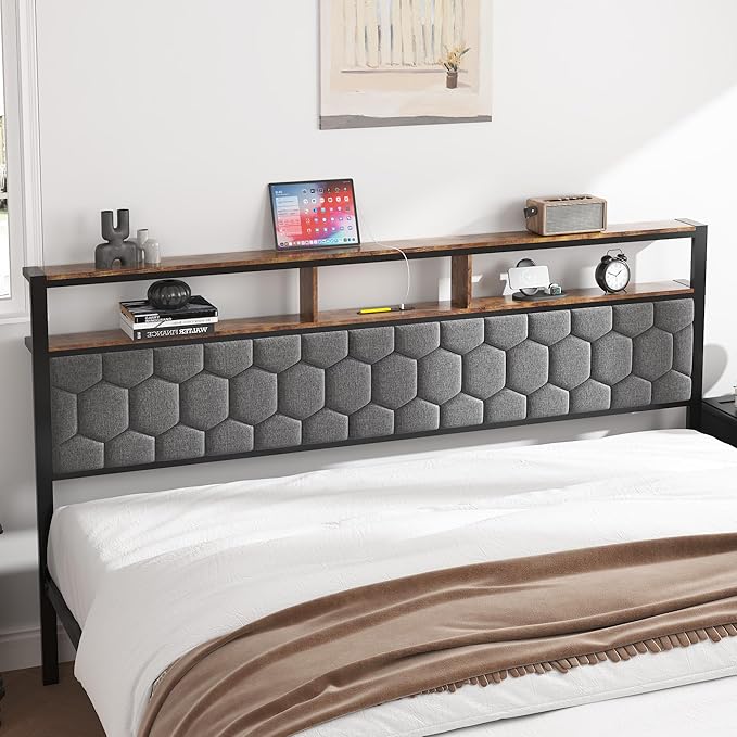 Full Size Bed Frame with Storage Headboard & Charging Station, Platform Bedframe with LED Lights, Upholstered Headboard, Metal Slat Support, No Box Spring Needed