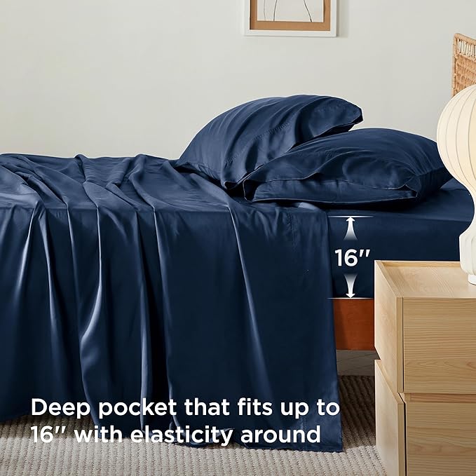 Bedsure King Size Sheets Set, Cooling Sheets for Hot Sleepers, Rayon Derived from Bamboo, Breathable & Soft, Deep Pocket Up to 16 Inches, Hotel Luxury Silky Bedding, Navy