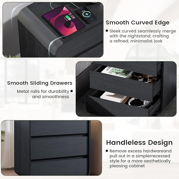 Black Curved Night Stand Set of 2 with Charging Station, 25" Tall Wood Bedside Table Nightstand with 3 Storage Drawers, Mid Century Modern End Table for Bedroom, Office