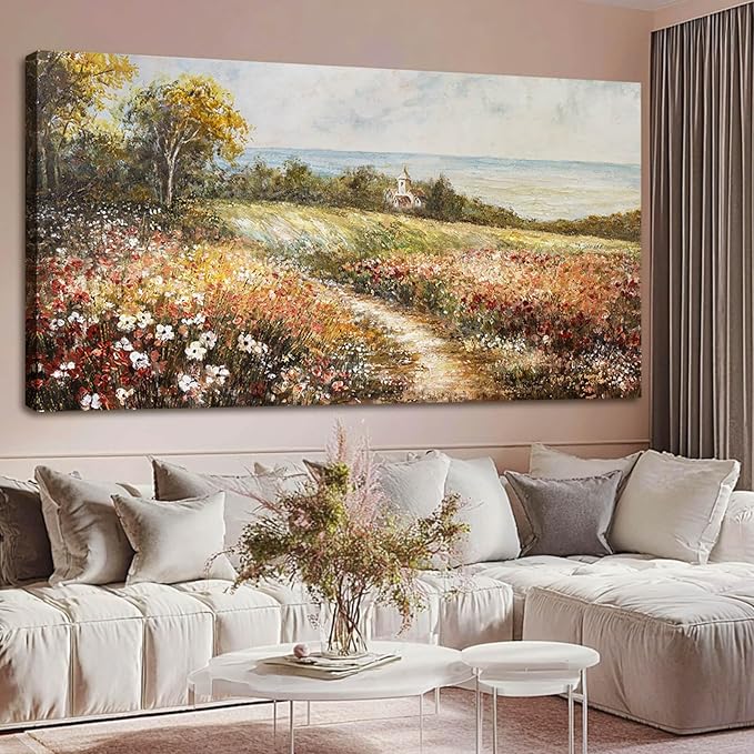 YETHEN WAL Floral Country Meadow Canvas Wall Art – Extra Large Cottage Landscape Panoramic Print, Rustic Farmhouse Countryside Décor for Living Room Bedroom, 29×58 Inch