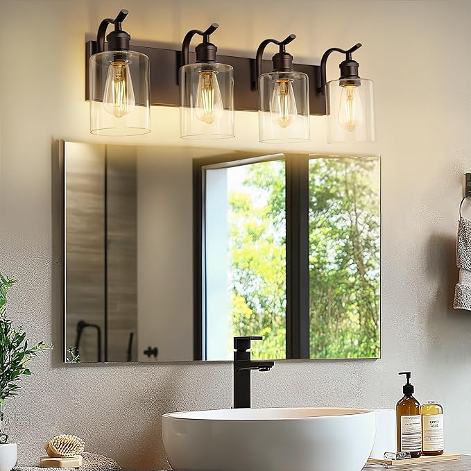 4 Light Bathroom Vanity Light, Morden Bathroom Vanity Lights Over Mirror Oil Rubbed Bronze Wall Sconce Light with Clear Glass Shade ZCVL01ORB-4