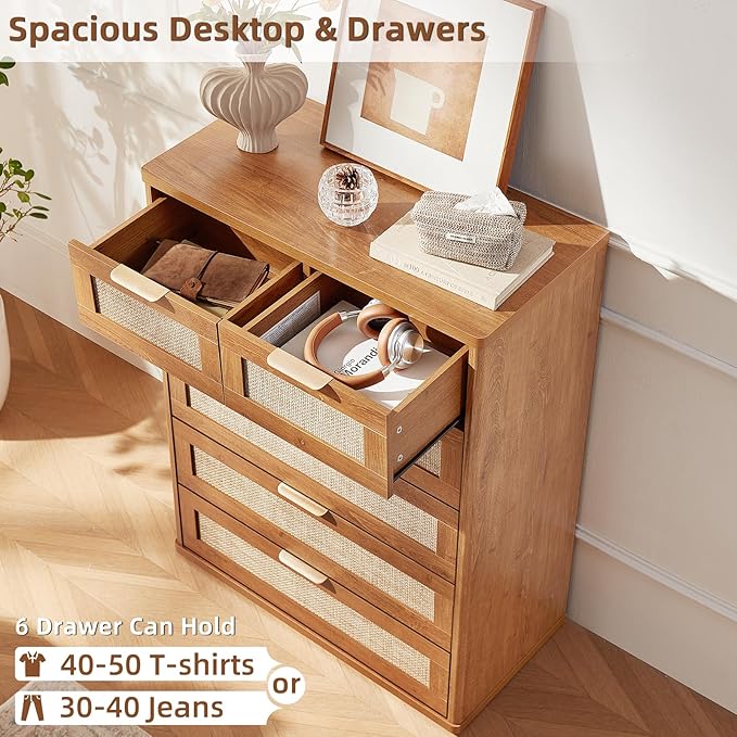 LEYAOYAO Rattan Dresser for Bedroom, 41" Tall Chest of Drawers, Modern 6 Drawers Boho Dressers with Storage, Vintage Brown Dresser Wooden Closet Organizer for Living Room, Hallway