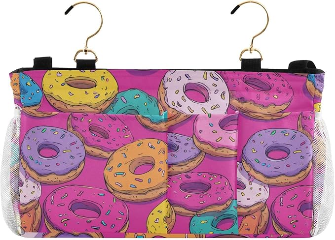 Bedside Caddy Hanging Bunk Bed Caddy Bed Organizer Hanging Pocket with 2 Hooks Bedside Storage Organizer Pocket Bag Holder Cute Donuts Colorful