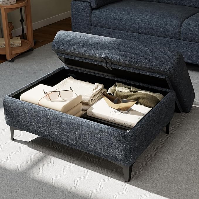 35" Large Storage Ottoman for Living Room, 7.8" Deep Seat Rectangular Ottoman Foot Rest for Couch, Chenille Storage Footstool Load 350 lb （Blue）