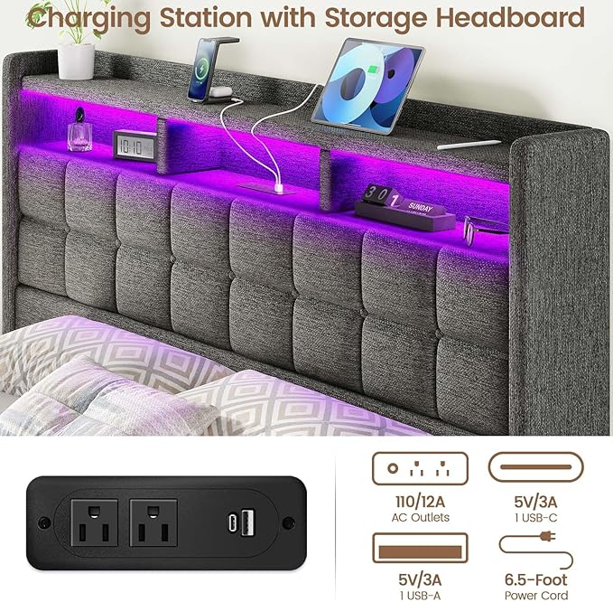 Lift Up King Size Bed Frame with Storage, Upholstered King Bed Frame with Charging Station and LED Lights Headboard, No Box Spring Needed, Easy Assembly - Dark Grey