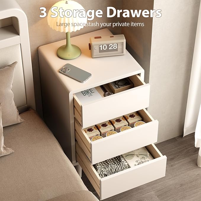 Tall Nightstand White Night Stand with 3 Drawers Mid Century Modern Nightstand with Storage,Solid Wood Night Stand,Small Bedside Table for Bedroom,Living Room,Office,White Bedside Table