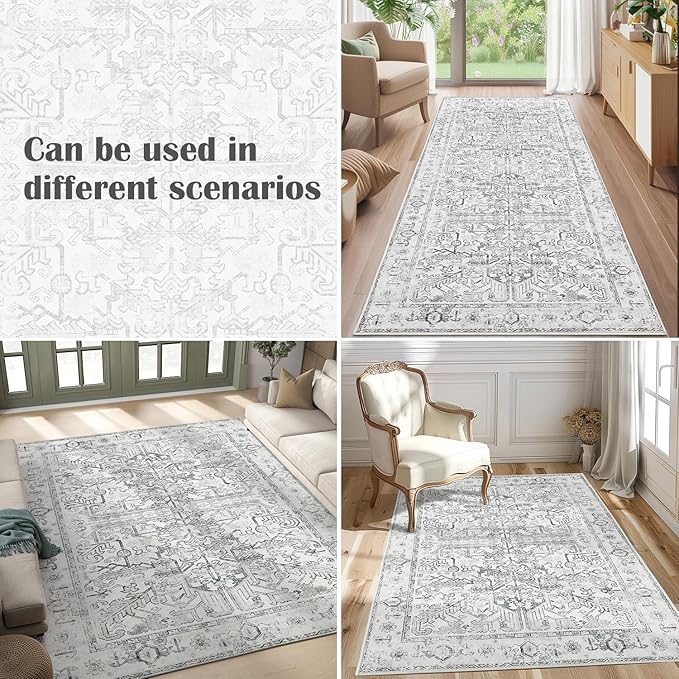 jinchan Lima Runner Rug 2x6 - Vintage Hallway Machine Washable Rug Floral Non Slip with Rubber Backing Ultra-Thin Carpet Runner for Kitchen Bedroom Laundry Room Farmhouse Entryway (2x6ft, Grey)