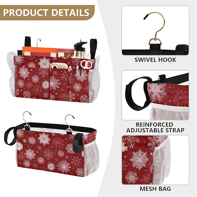 Bedside Caddy Hanging Bunk Bed Caddy Bed Organizer Hanging Pocket with 2 Hooks Bedside Storage Organizer Pocket Bag Holder Red Christmas Snowflakes