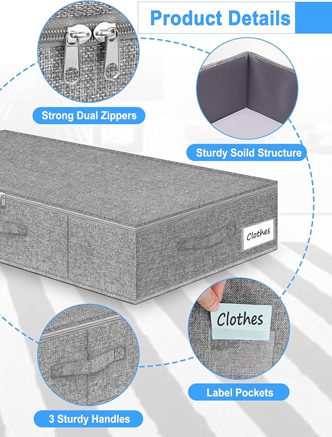 Under Bed Storage Container, 7" Tall Underbed Storage Bin with Rigid Sides & Bottom, Large Under-Bed Clothes Organizer with Zippered Lid for Bedroom, Dorm, Sofa, 30x15x6.7, Grey