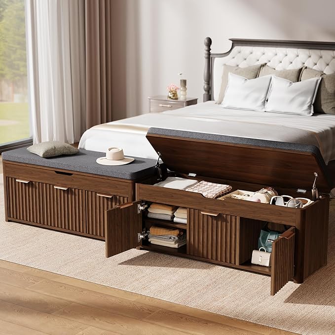 Shoe Bench with Storage - Lift Top Entryway Bench with Hidden Storage, Shoe Rack with Adjustable Shelves and Cushioned Seat, Wooden End of Bed Bench for Bedroom, Living Room and Hallway,Walnut