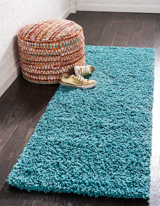 Unique Loom Solid Shag Collection Area Rug (2' 6" x 19' 8" Runner, Deep Aqua Blue)