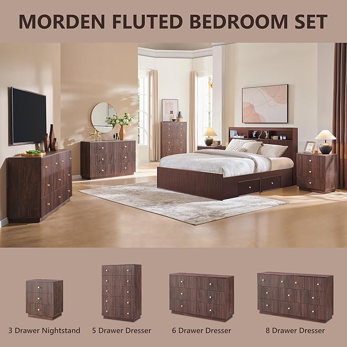 Fluted Night Stand with Charging Station, 21.65" Nightstand with 3 Drawer, 3 Drawer Dresser for Bedroom, Morden End Table Chests of Drawers Bedside Table for Bedroom, Living Room,Brown