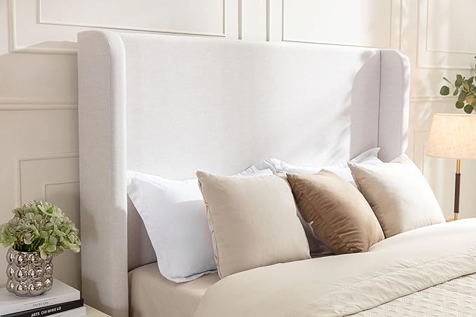 King Size Upholstered Platform Bed with 54" Tall Wingback Headboard/Elegant Upholstered Bed Frame Without Wooden Slats/Box Spring Required/Easy Assembly/Textured Ivory Canvas