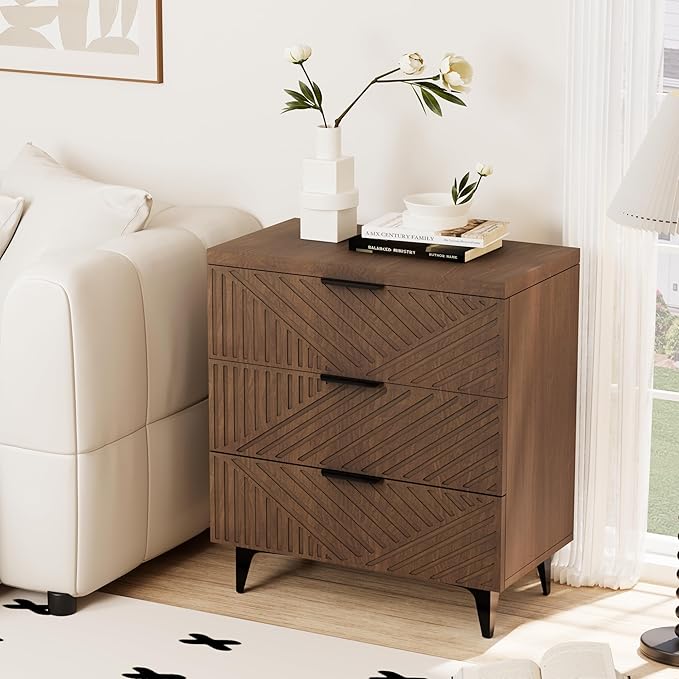 Royal Windsor Fluted Nightstand with 3 Drawers, Side End Table, Accent Storage Cabinet,Modern Night Stand Bedside Table for Bedroom,Brown