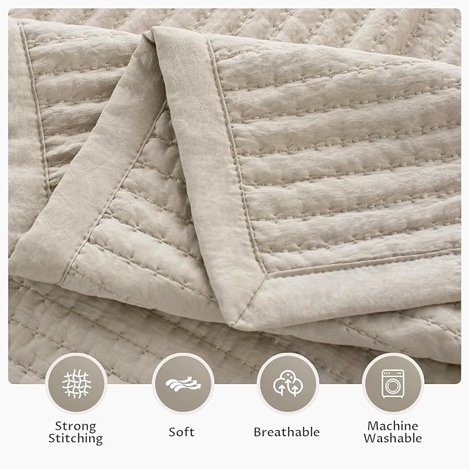 Kasentex Quilt Mini Set - Stone Washed - Super Soft Bedspread - Light Weight - - White Down Alternative Microfiber Fill - Machine Washable - Solid Colors, Full/Queen +2 Shams, Camel