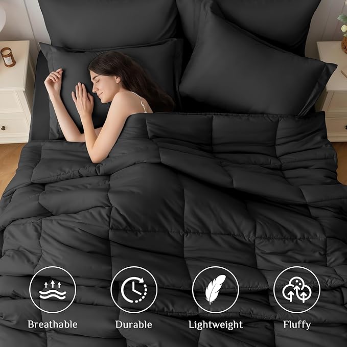 JOLLYVOGUE Twin Comforter Set, Ultra-Soft Bed in a Bag Twin Size 5 Pieces, Oeko-TEX Certified Bedding Set with Down Alternative Comforter, Sheets, Pillowcases & Shams, Black