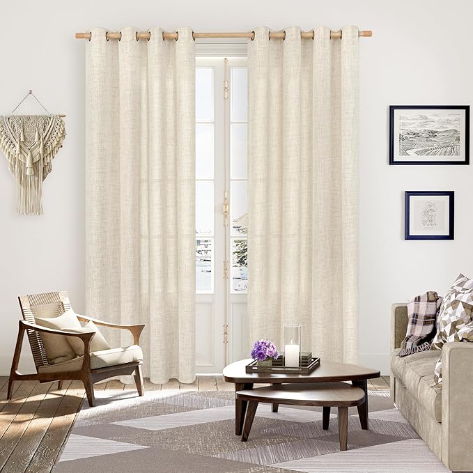YoungsTex Linen Curtains 80 Inch Length for Living Room 2 Panels, Light Filtering Cream Semi Sheer Window Treatments with Bronze Grommet Privacy for Bedroom Farmhouse Dining, 52 x 80 Inch