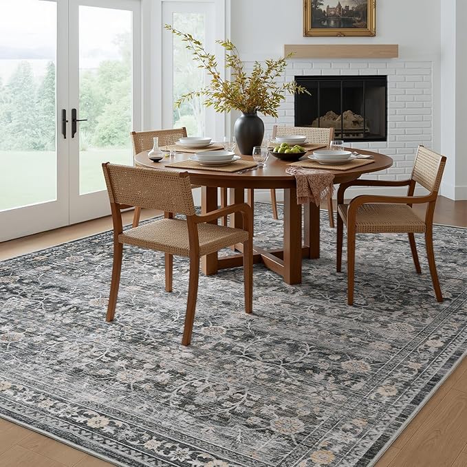 MontVoo-Vintage Area Rug 5X7 Grey Rugs for Living Room-Soft Distressed Printed Rugs for Bedroom-Non Slip Carpet-Machine Washable Rug for Dining Room Living Room Bedside Office