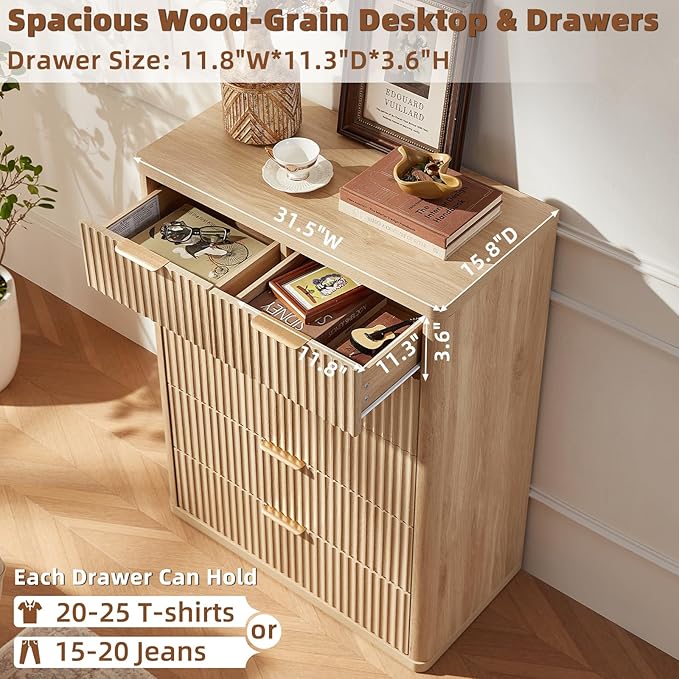 LEYAOYAO Fluted Dressers & Nightstand Set of 4, Wood 48" Wide Dresser & 42" Tall Chest of Drawers,Modern Bedroom Furniture Sets, Natural Wooden Nightstand Set of 2 with 3 Drawers & Charging Station