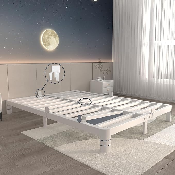 ITIMIDI 6 Inch King Size White Bed Frame with Metal Gaskets,Metal King Bed Frame Platform, No Box Spring Needed, Heavy Duty Steel Support 3000 LBS, Anti-Slip Mattress Stopper, Easy Assembly