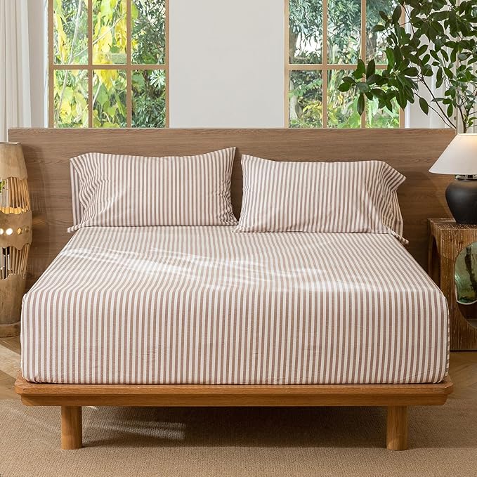 MooMee Striped Fitted Bottom Sheet Only 100% Washed Cotton Linen Like Textured Breathable Durable Soft Comfy Deep Pocket Fits Mattress up to 17" (Orange Classic Stripes, Queen)