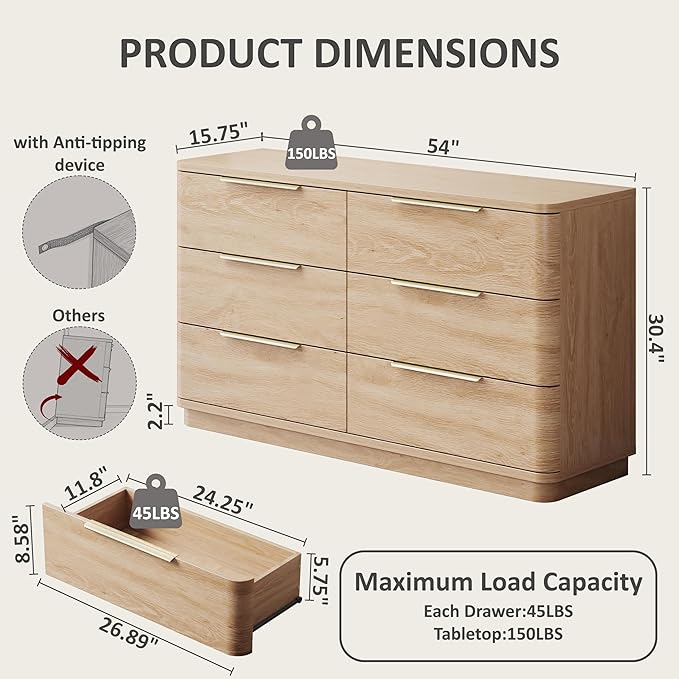 6 Drawer Dresser for Bedroom, 54" Wide Modern Chest of Drawers with Metal Handle, Curved Profile Design, Wooden Oak Dresser Closet Clothes Storage TV Stand for Living Room, Hallway