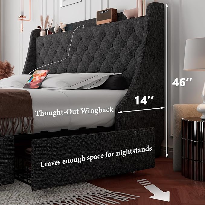iPormis Full Size Bed Frame with 4 Storage Drawers, Upholstered Platform Bed Frame with Type-C & USB Ports, Wingback Storage Headboard, Solid Wood Slats, No Box Spring Needed, Dark Gray