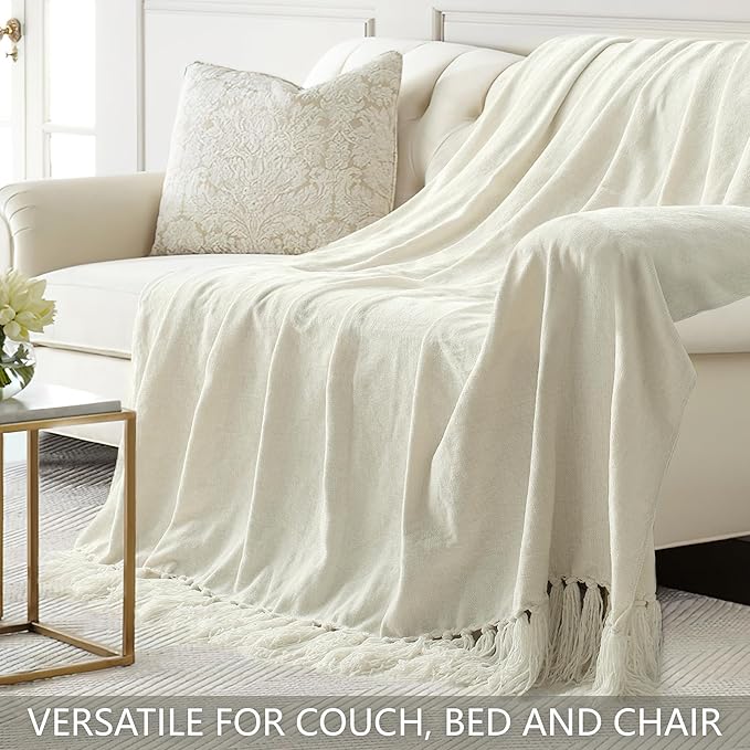 Chenille Throw Blanket for Couch 50"X 60", Soft Cozy Throws with Fringe Tassel for Bed Sofa Chair Cover, Lightweight Knitted Decorative Boho Blankets for Living Room, Ivory White