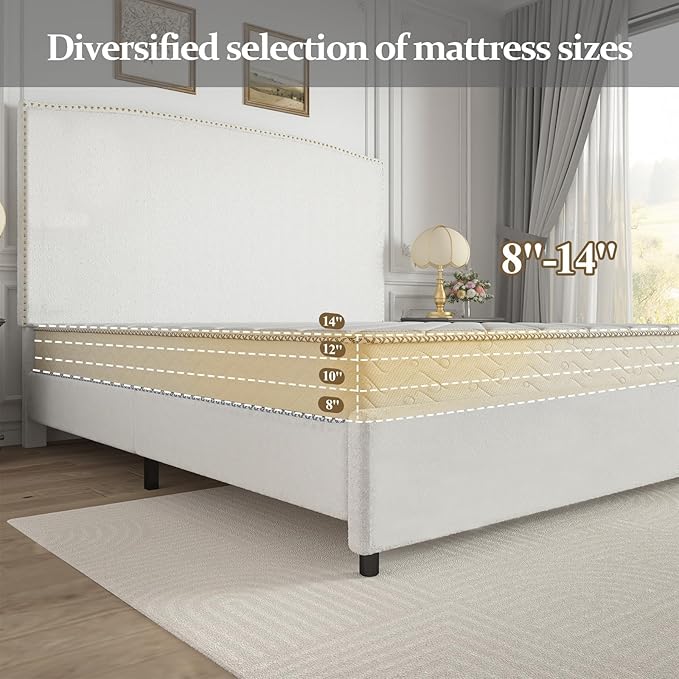 Full Size Bed Frame with Headboard, 56" Upholstered Platform Bed with Nailhead Trim, Soft Boucle Fabric, No Box Spring Needed, Easy Assembly, White