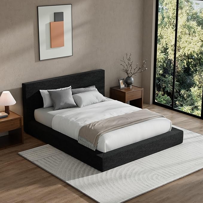 RECCI Cloud Upholstered Queen Bed Frame with Headboard, 5 Inch Foam Padded Platform, No Box Spring, Easy Assembly (Onyx Black)