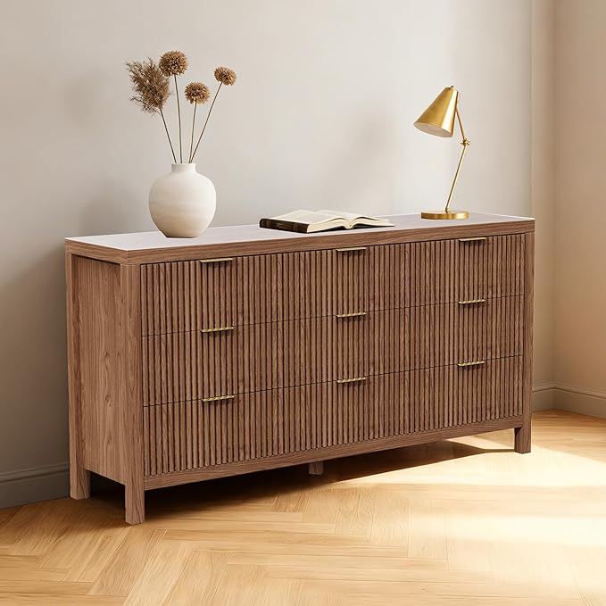 Modern 9 Drawer Dresser, Mid-Century Storage Chest with Solid Wood Legs, Large Organizer Cabinet & TV Stand for Bedroom, Living Room, or Hallway, Walnut Oak