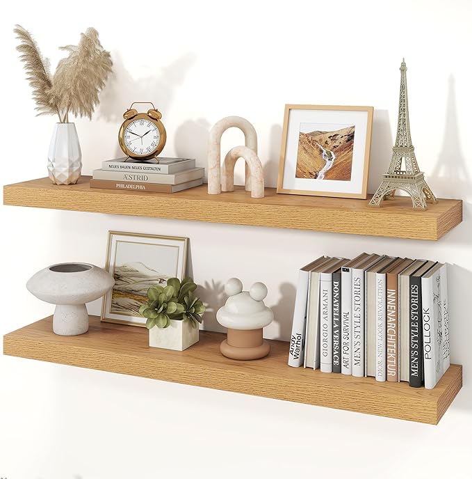 Floating Shelves for Wall, 9.3" Deep Wall Mounted Wood Shelves for Bathroom, Bedroom, Living Room, Kitchen, Hanging Shelf for Books/Storage/Room Decor (Oak, 40")