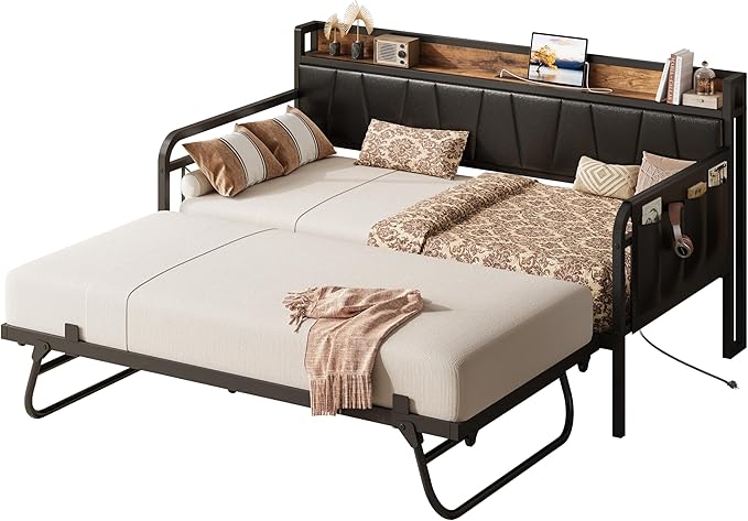 LIKIMIO Daybed with Trundle Bed, Twin XL Bed Frame with Storage Headboard and Charging Station, Sofa Day Bed with Strong Supports for Living Room, Bedroom, and Guest Room, Black