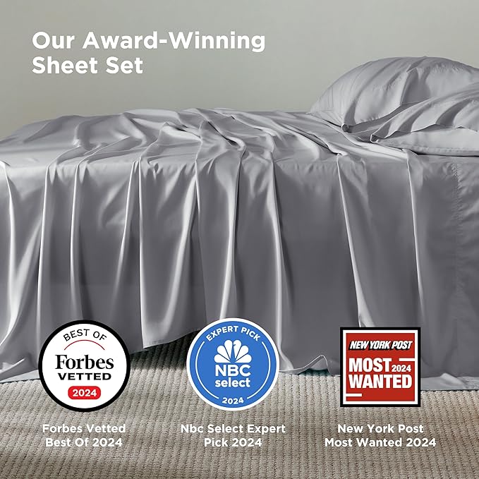 Bedsure California King Sheet Sets, Cooling Sheets, Rayon Derived from Bamboo, Breathable & Soft, Deep Pocket Up to 16 Inches, Hotel Luxury Silky Bedding for Hot Sleepers, Silver Grey
