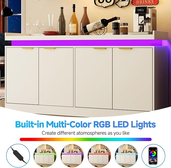 LED Sideboard Buffet Cabinet with Storage, 63'' Large Kitchen Buffet Cabinet Storage Cabinets with 4 Doors, Wood Coffee Bar Cabinets Buffet Table for Kitchen, Dining Room, Entryway