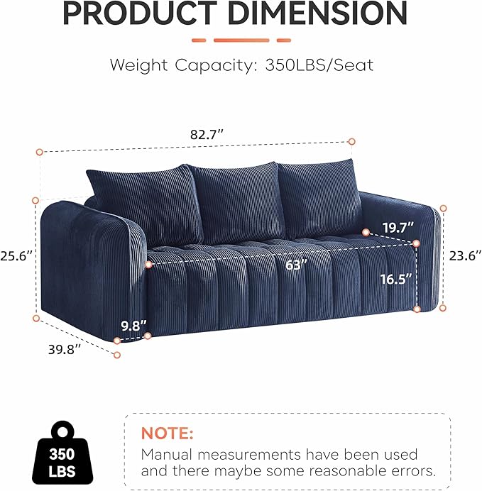 83'' Boneless Corduroy Sofa, Oversized 3 Seater Deep Seat Couch with Rounded Armrest, Modern Upholstered Cloud Sofa for Living Room, No Assembly, Navy