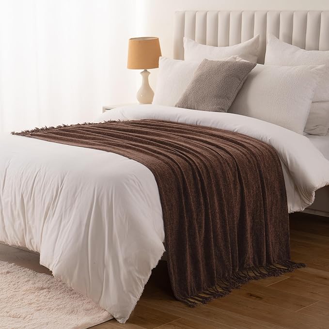 BATTILO HOME Brown Throw Blanket for Couch, Bed, Sofa - Soft Cozy Chenille Throw with Fringe Tassels, Lightweight Chocolate Brown Knitted Throw for Home Decor, 50"x60"