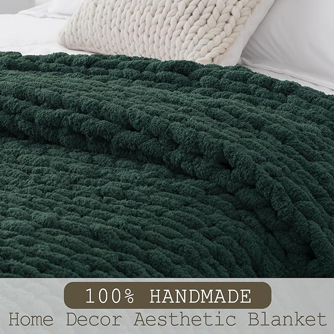 Chunky Knit Throw Blanket 50"X 60", 100% Handmade with Soft Chenille Yarn, 4.4lbs Thick Cable Knitted Blankets, Large Rope Knot Crochet Throws for Couch Sofa Bed Home Decor, Dark Green