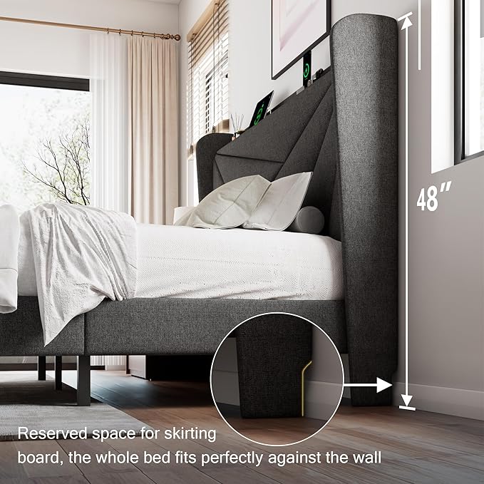 Full Size Upholstered Bed Frame with Charging Station, Platform Bed Frame with Storage Headboard, Solid Wood Slats Support, No Box Spring Needed, Dark Gray