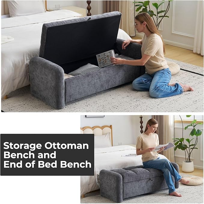 Oversized Chenille Ottoman Bench with Storage, Upholstered End of Bed Bench for Bedroom, Ottoman Foot Rest for Living Room, Dark Grey