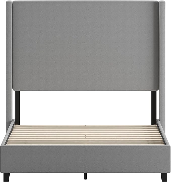 EMMA + OLIVER Nora Full Size Faux Linen Upholstered Platform Bed with Plush Padded Wingback Headboard (No Box Spring Needed), Modern Upholstered Headboard Full Bed Frame, Gray