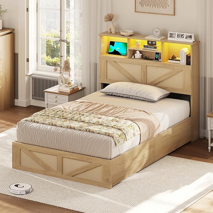 VIAGDO Rattan Bed Frame Twin Size with Bookcase Storage Headboard, Charging Station and LED Lights, Wooden Twin Bed Frames with 4 Drawers, Barn Door Design, No Box Spring Needed, No Noise, Natural