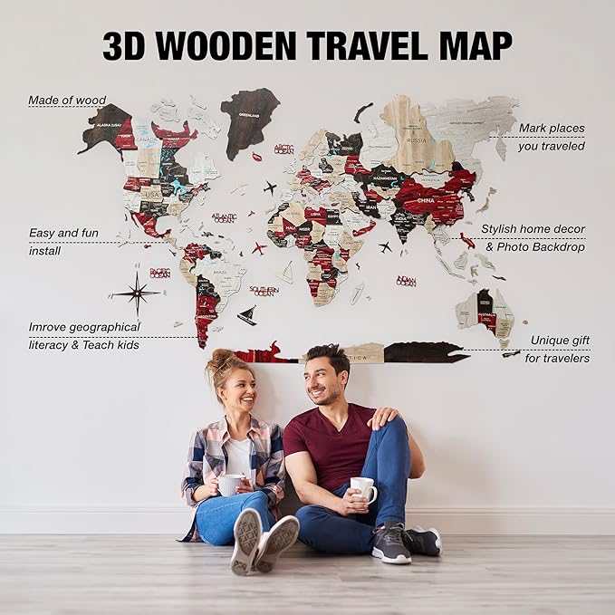Handmade 3D Wood World Map Wall Art Large Wall Decor Track Your World Travels - Special for Home, Kitchen and Office (Large, Urban)