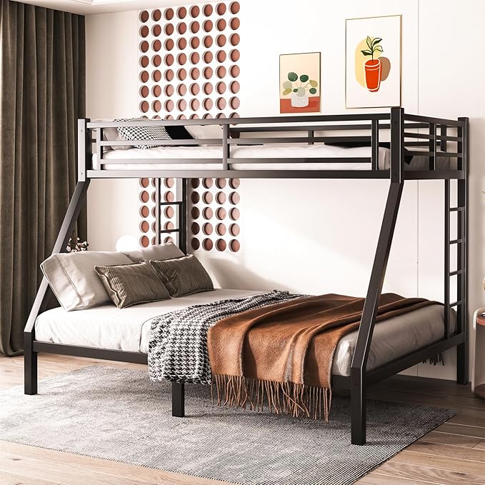 Twin XL Over Queen Bunk Bed Frame, Heavy Duty Metal Loft Bed for Adults/Teens, 350/600LB Capacity w/Ladder & Guardrail, Noise-Free Steel Slats, No Box Spring Required, Black