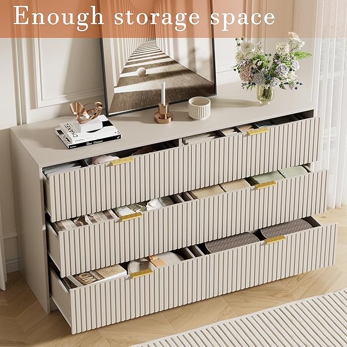 Beige Dresser for Bedroom, Modern Dresser with 6 Drawers and Smooth Slides, Wide Chest of Drawers with Golden Handles for Bedroom, Living Room, Closet, 15.7" D x 55.1" W x 31.4" H