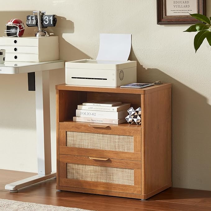 LEYAOYAO Rattan Dresser and Nightstand Sets 3 Piece, Boho Wood Dresser for Bedroom with 6 Drawers and Night Stand with Charging Station, Bedroom Furniture, Dressers & Chests of Drawers, Living Room