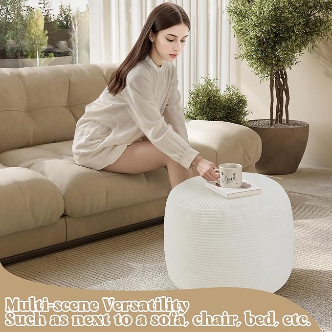 MeMoreCool Round Pouf Ottoman – Beige Corduroy Footrest with Foam Filling Compact Foot Stool for Couch, Living Room Decor, Dorms & Small Spaces